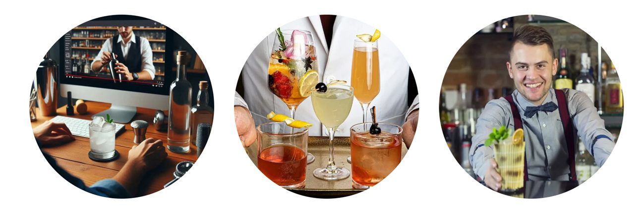 A variety of colorful cocktails served on a bar counter.