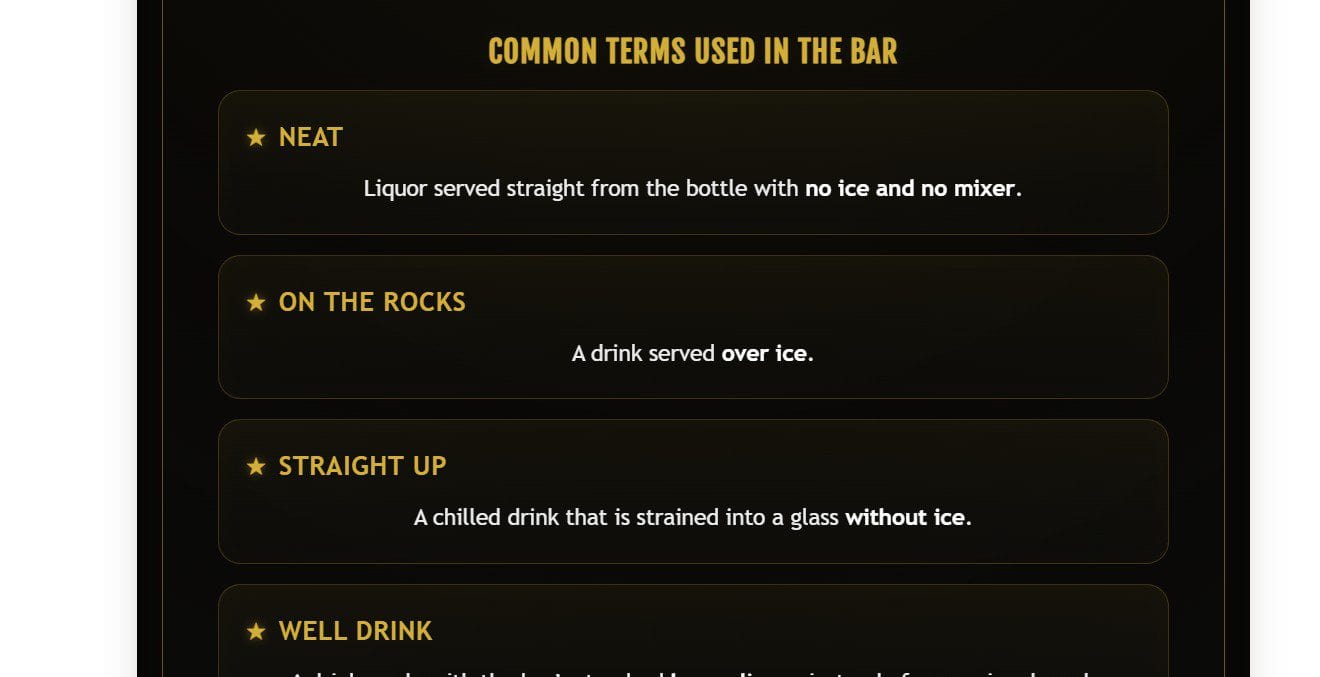 Online bartending lesson teaching professional bartending terminology and bar terms