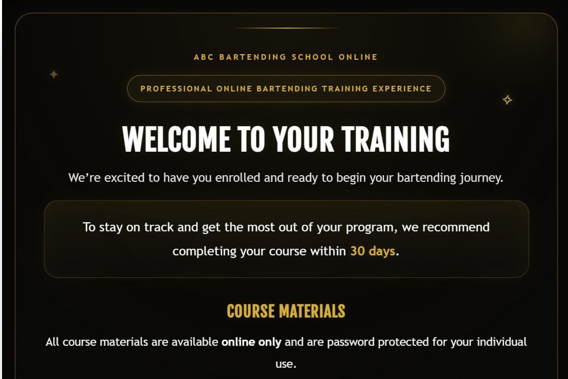 ABC Bartending School Online student dashboard showing the online bartending course