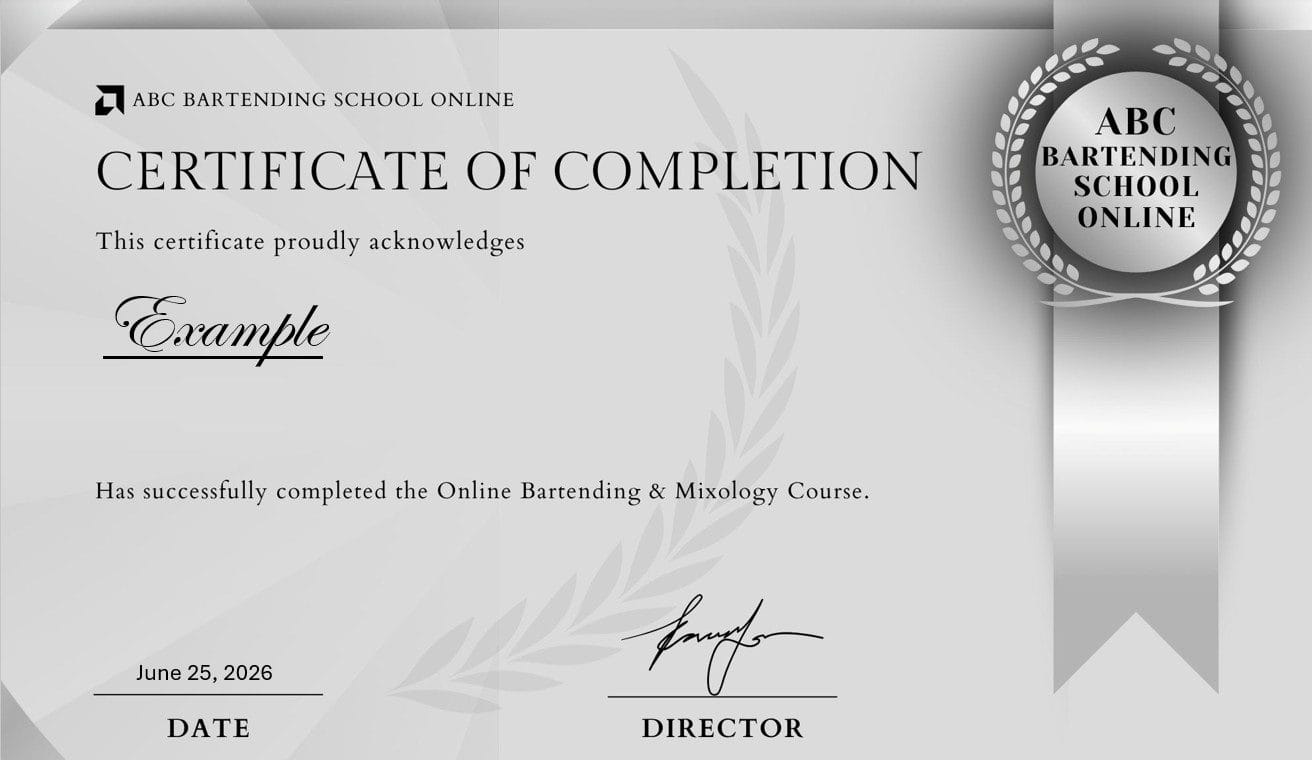 Bartending certificate earned after completing the ABC Bartending School Online course